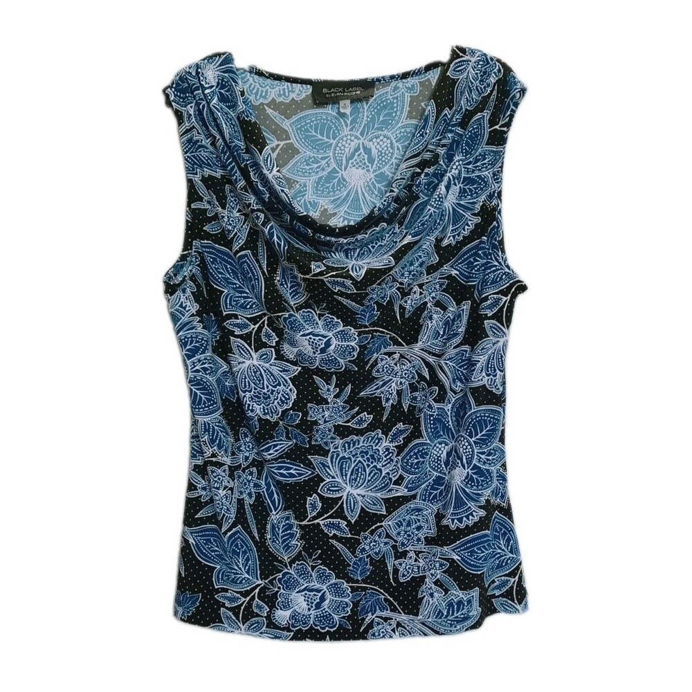Black Label Evan-Picone Blue White Blk Floral Cowl Neck Sleeveless Blouse Top M